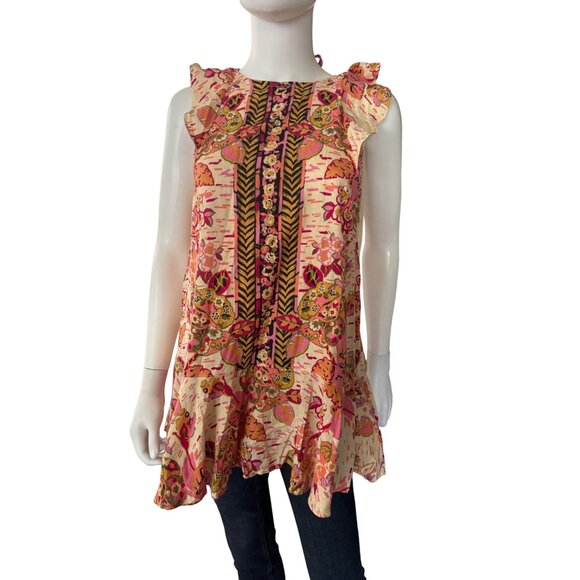 Free People Women's Floral Sleeveless Ruffle Linen Blend Tunic Top Open Back New - Picture 2 of 8